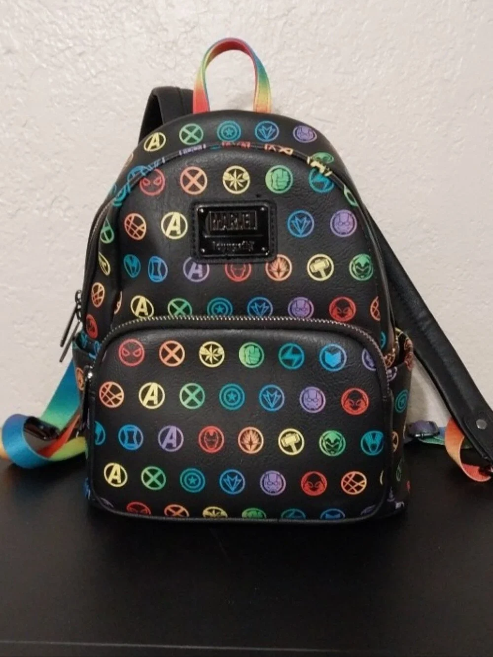 Loungefly Black Mini Backpack with Colorful Marvel Superhero Icons